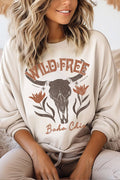 Wild Free Flower Cow Skull Graphic Brushed Sweatshirt