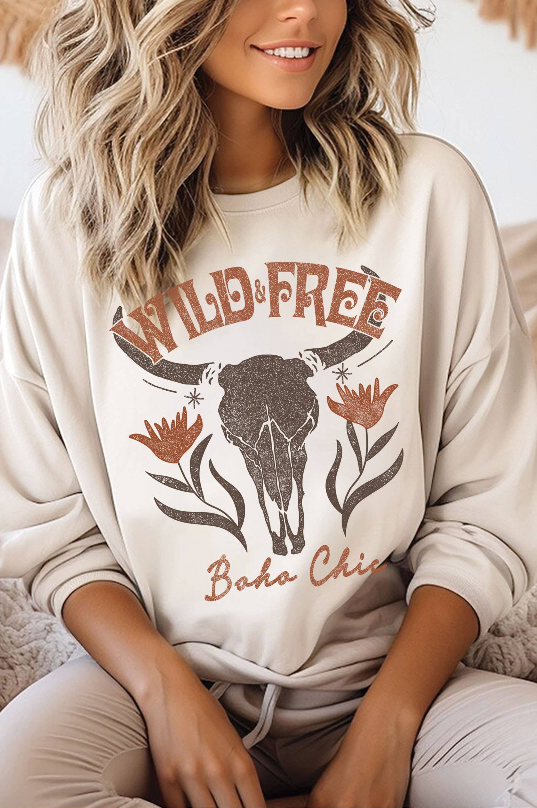 Wild Free Flower Cow Skull Graphic Brushed Sweatshirt