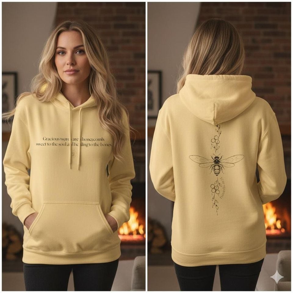 Inspirational Unisex Cozy Fleece Hoodie | Comfortable Casual Sweatshirt | Christian Apparel | Honeycomb Bee Design | Proverbs | Eco-Friendly