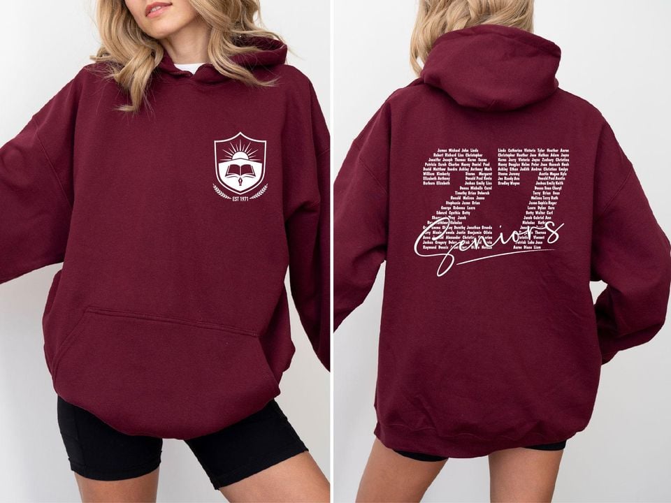 Custom Senior Shirt, Personalized Back Print Sweatshirt, Pocket Logo T Shirt, Graduation Names Senior Class Tee, Grad Apparel, School Spirit