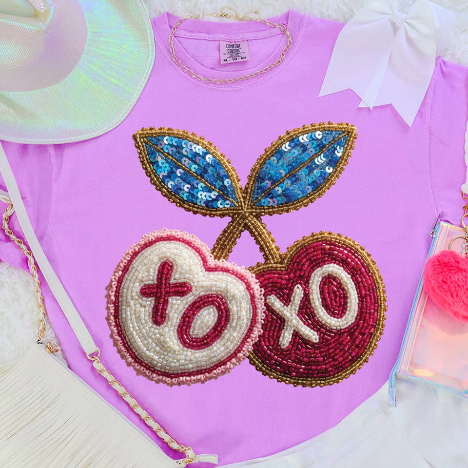 Faux Beaded and Sequin Xoxo Cherries Tee