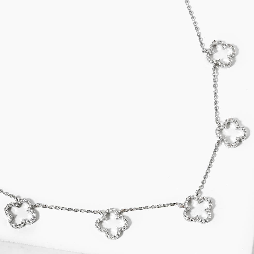 Cz Gold-Dipped Clover Outlined Rhinestone Necklace