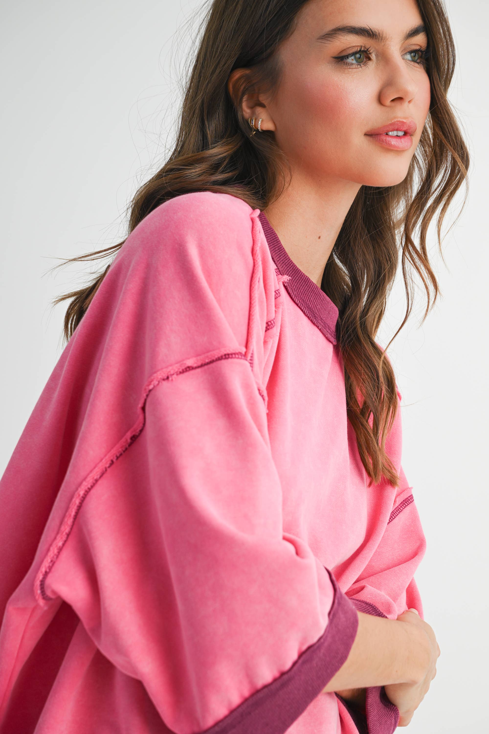 8479FK Washed Contrast Trim Boxy Sweatshirt Top