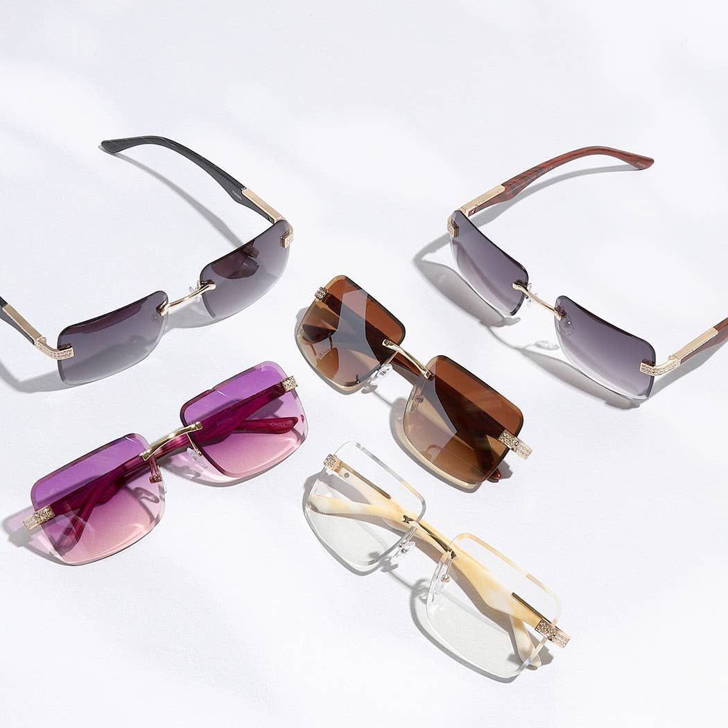 Frameless Square Lenses Rhinestone Deco Sunglasses