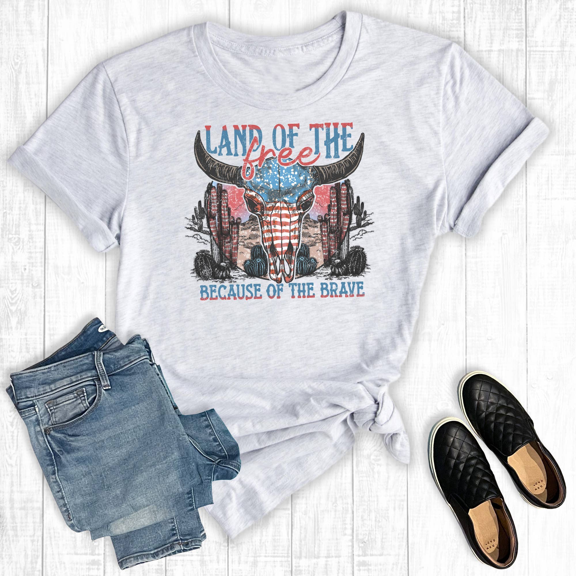 July 4th Land of the Free American Cowskull Graphic Tee