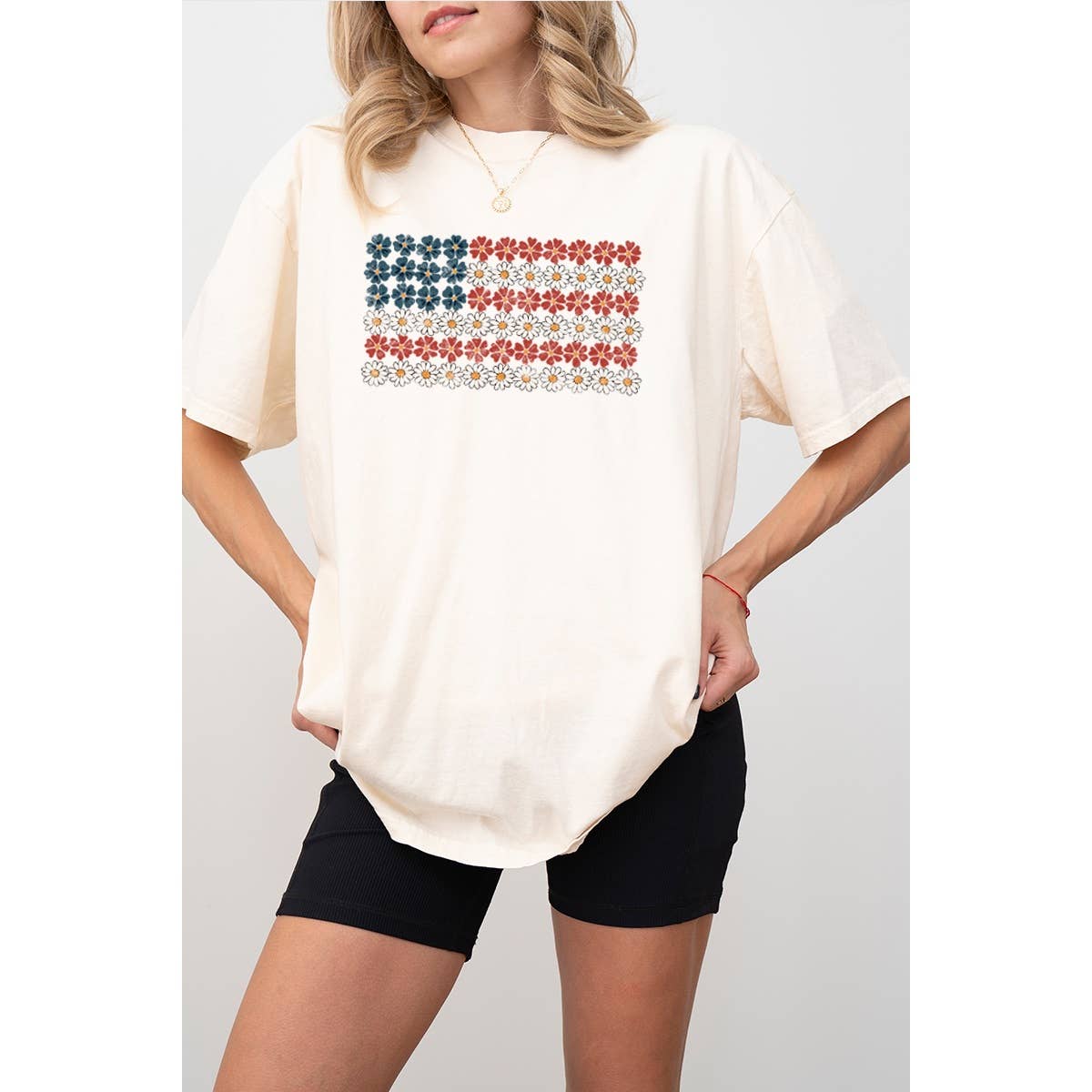 Flower American Flag Vintage Graphic Oversized Tee