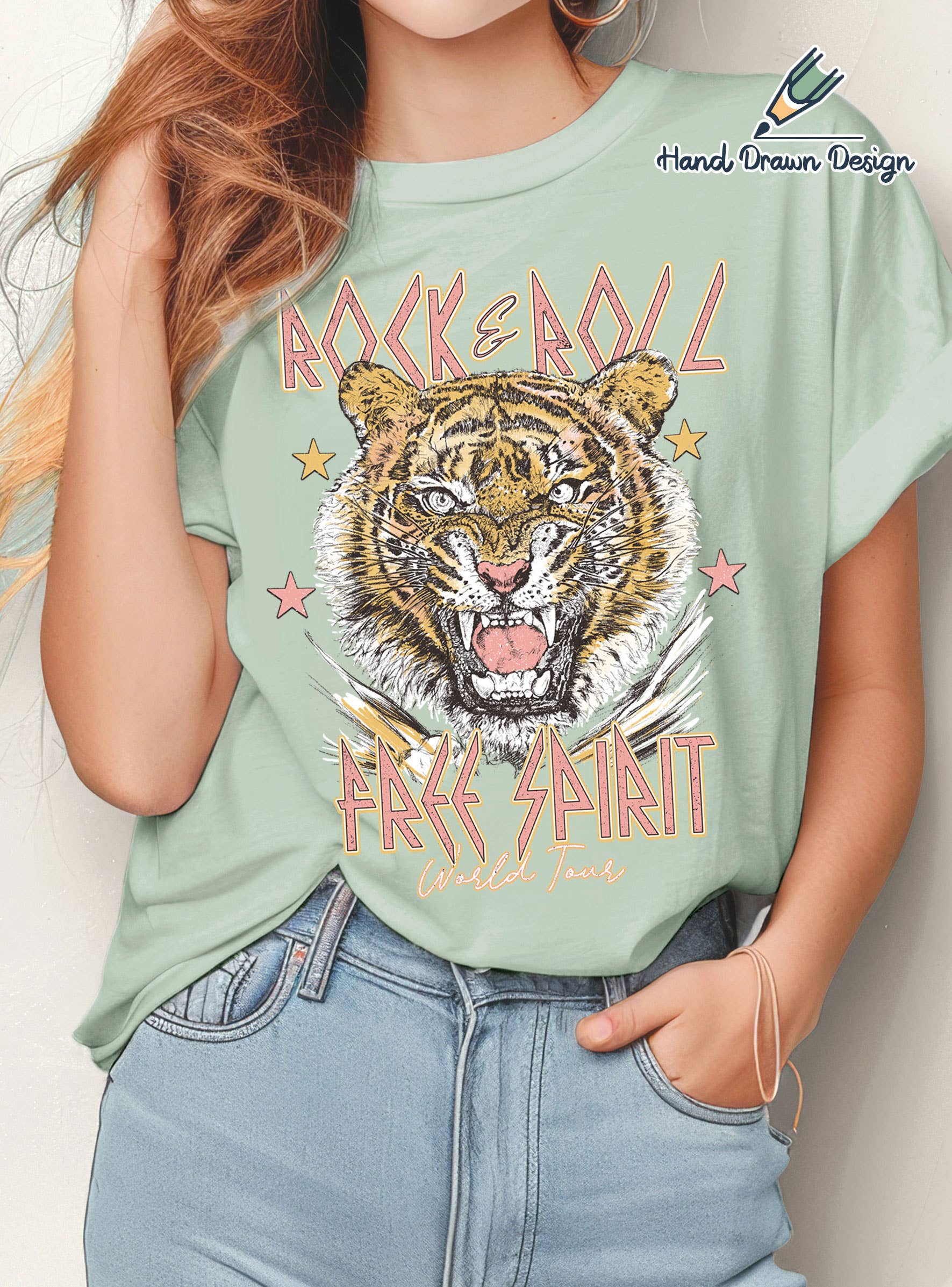Rock and Roll Tiger Hand Drawn Graphic Tshirts