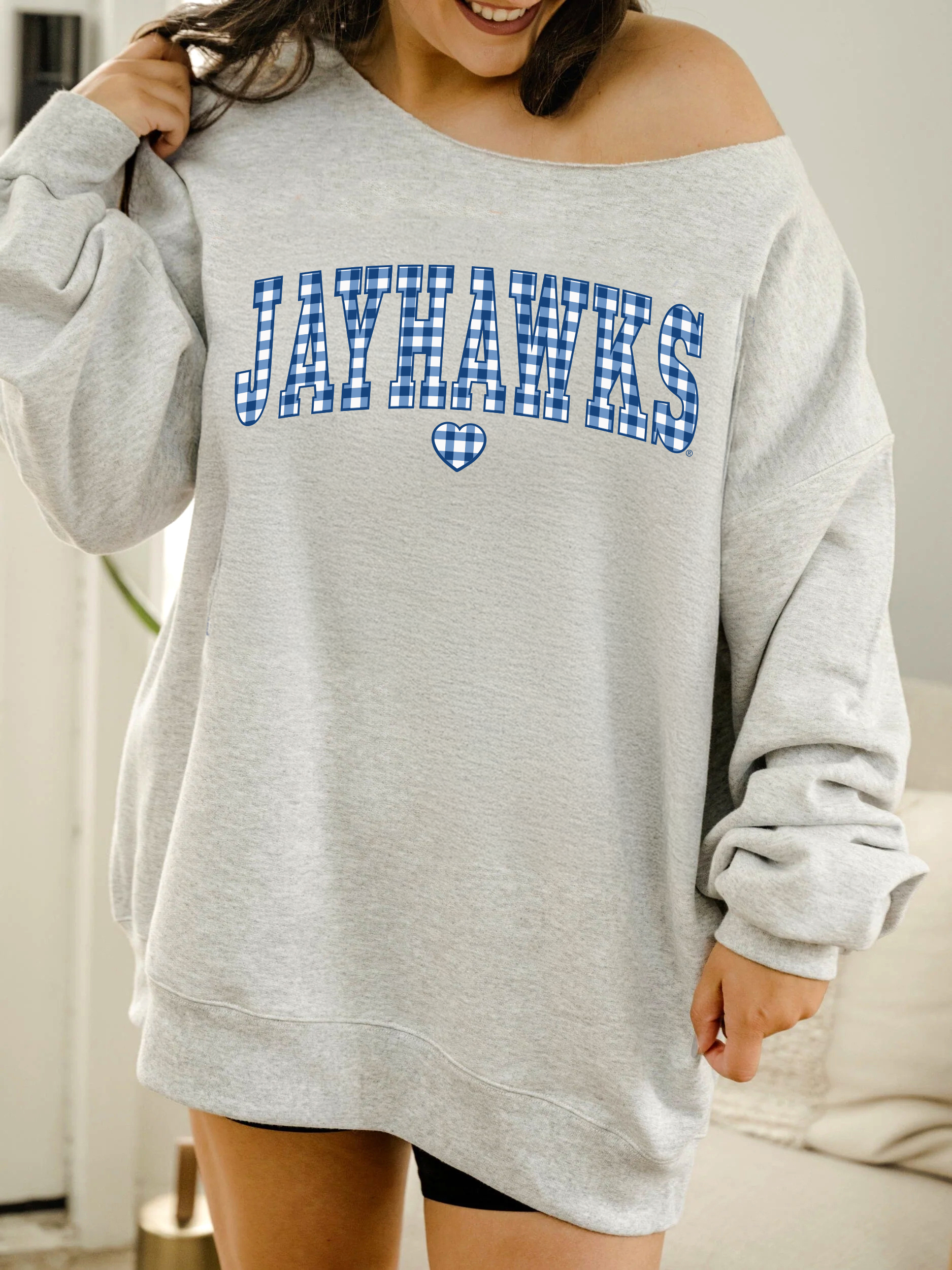 Ku Jayhawks Gingham Heart Gray Flashdance Sweatshirt