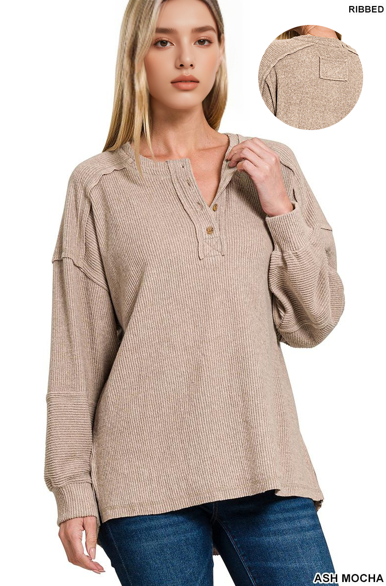 ',,....Ribbed Brushed Hacci 2tone Henley Sweater