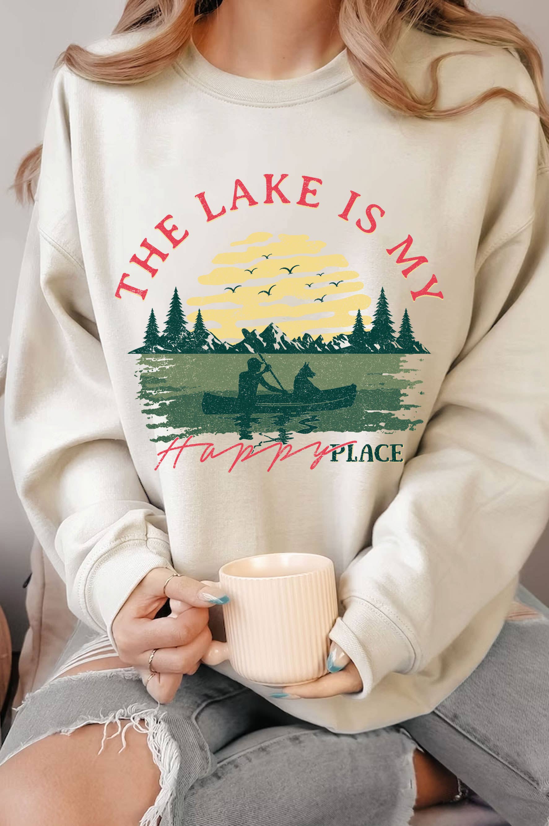 The Lake Is My Happy Place Graphic Brushed Sweatshirts