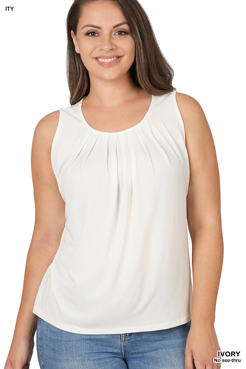 ._ SI-21851 Plus Size Ity Sleeveless Front Neck Pleat Top