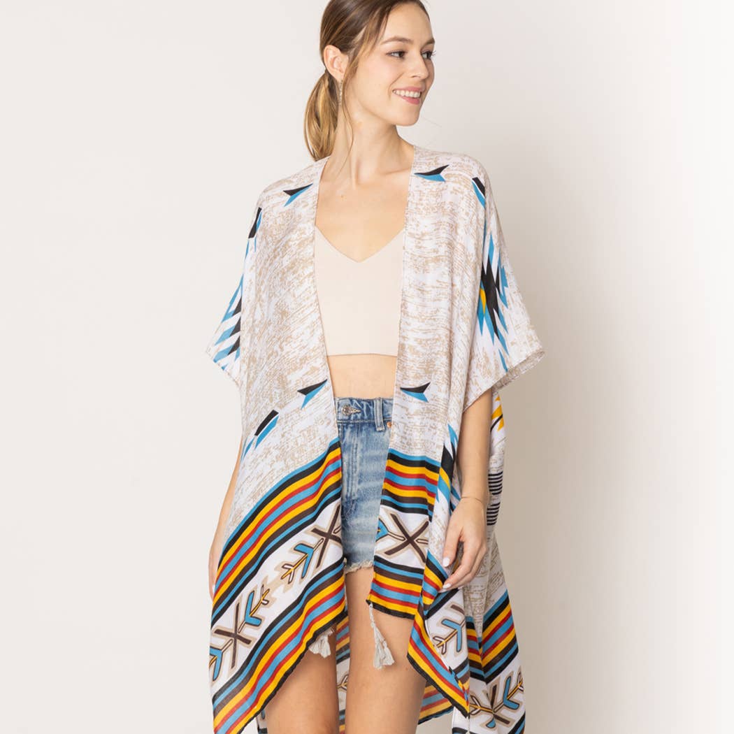 Colorful Aztec Shapes Summer Kimono with Tassels