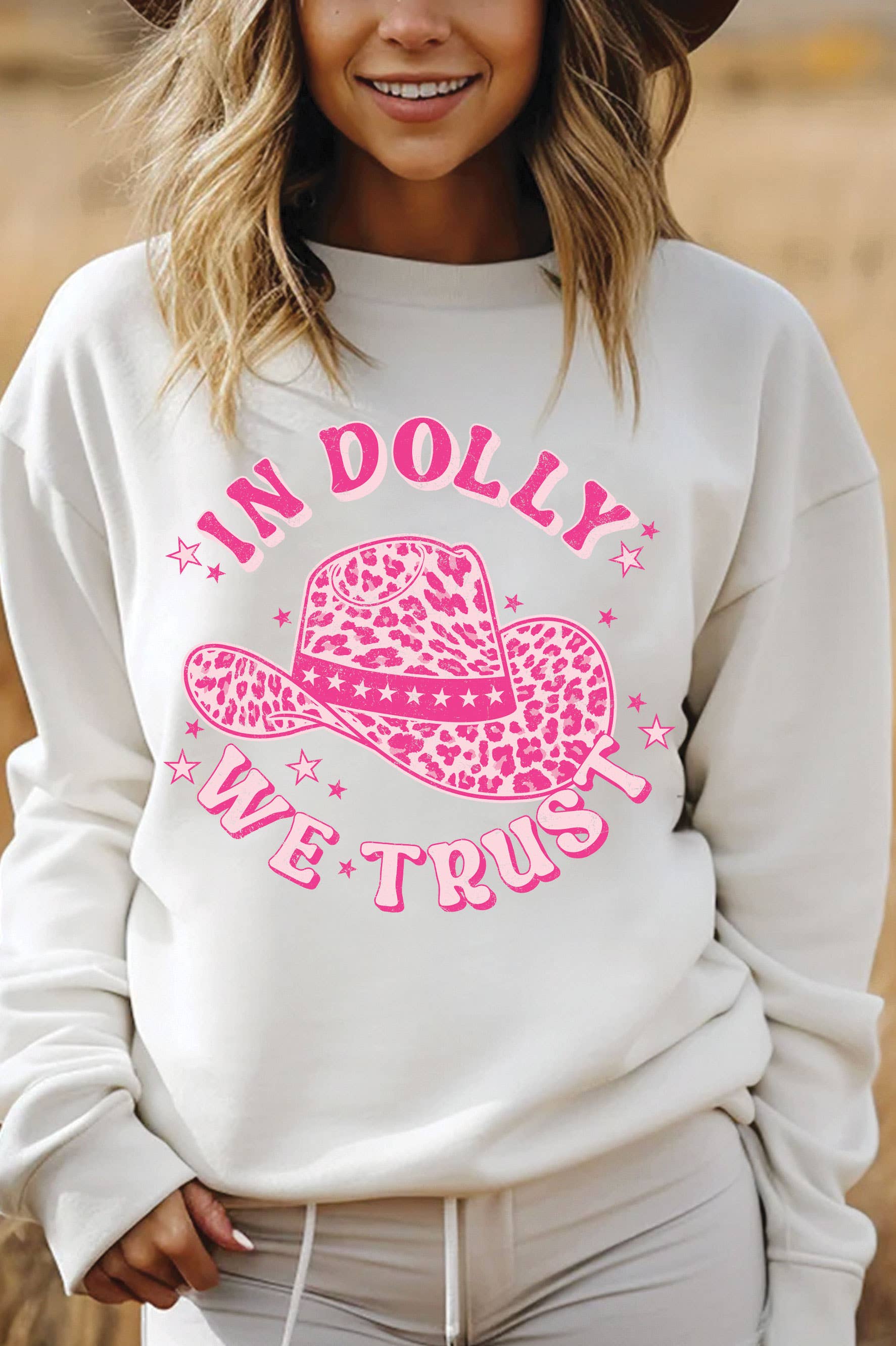 We Trust Cowgirl Leopard Hat Graphic Brushed Sweatshirts