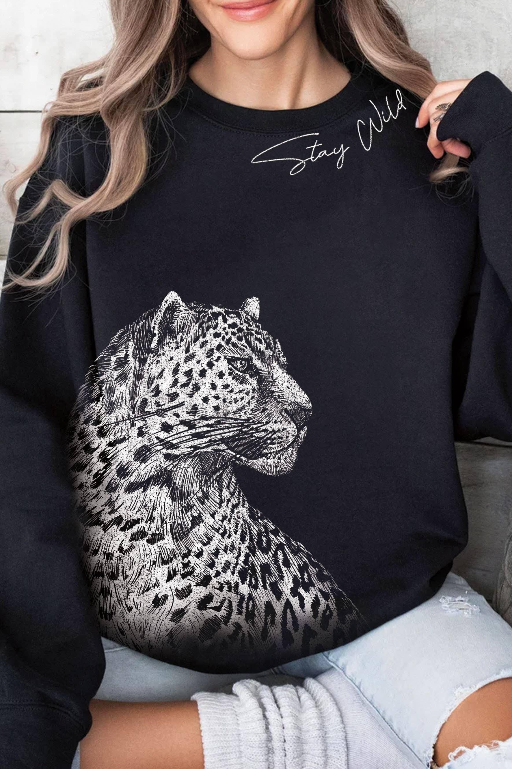 Stay Wild Leopard Graphic Brushed Sweatshirts