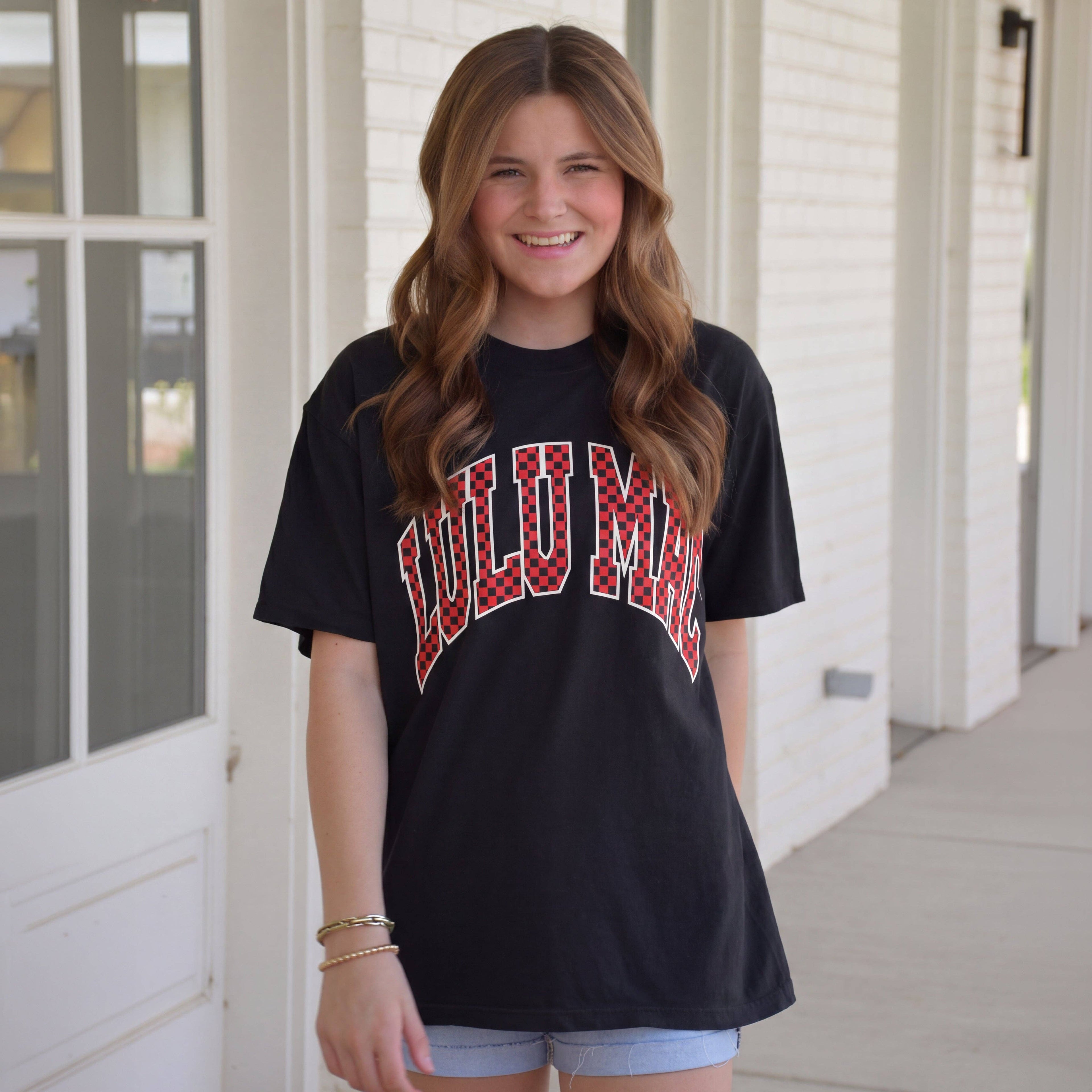 LM-TS-1006 Team Red/Black Checkered Adult Black Comfort Colors Tee