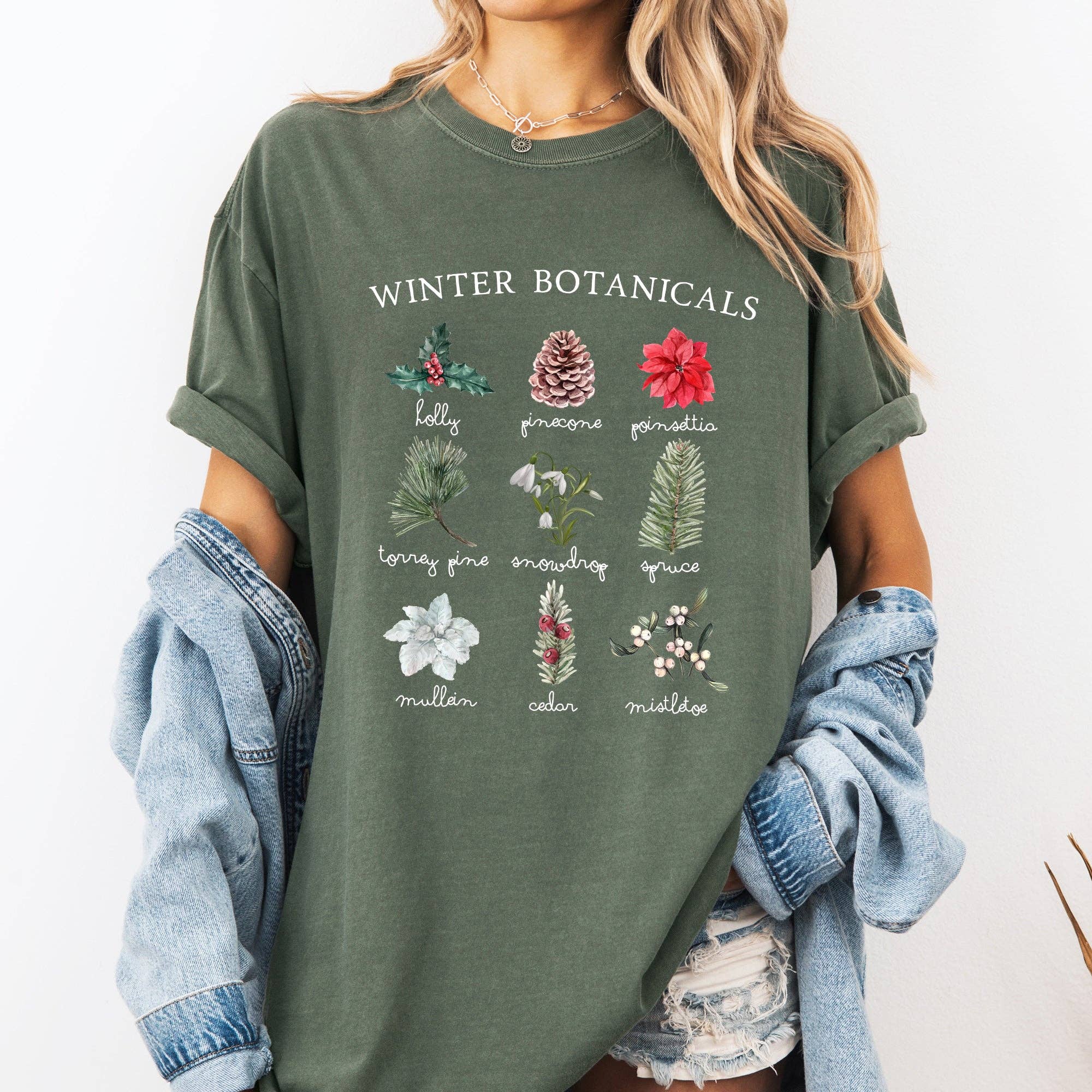 Winter Botanicals, Poinsettia, Pine Tree Christmas Tshirt