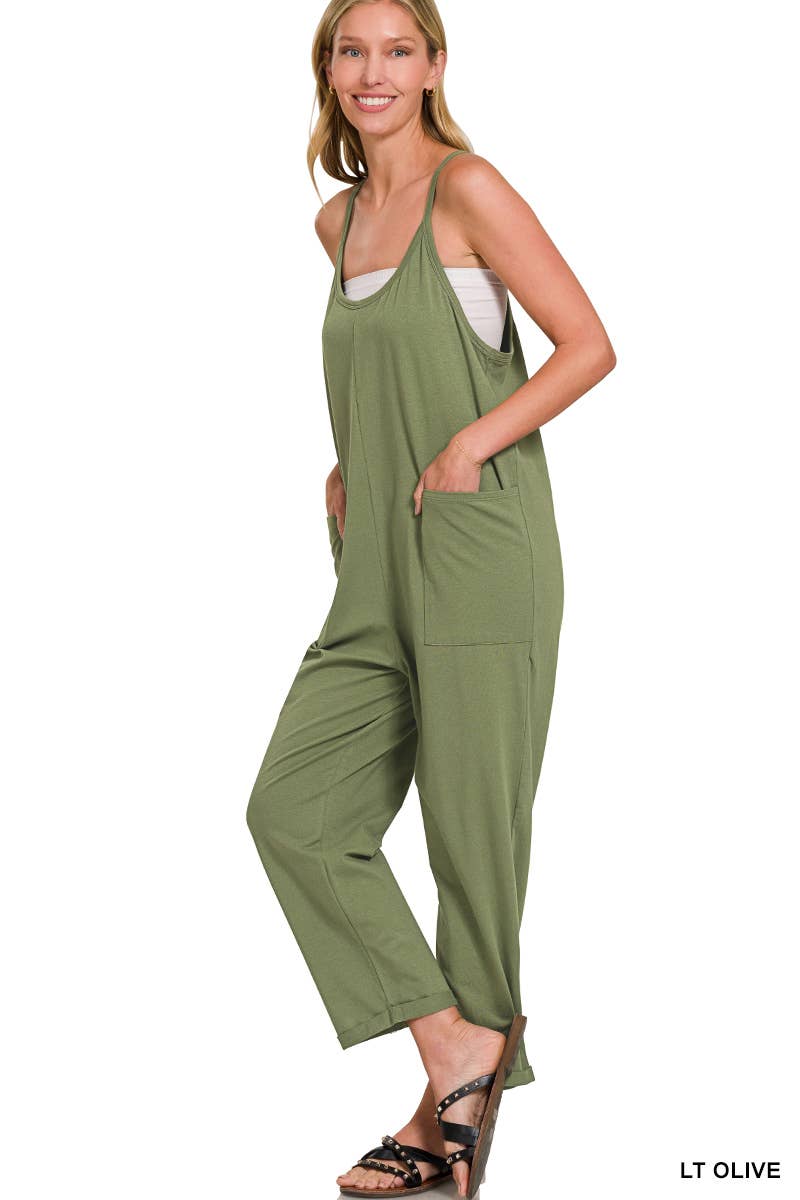 .._ SI-26699 Spaghetti Strap Pocketed Cotton Jumpsuit