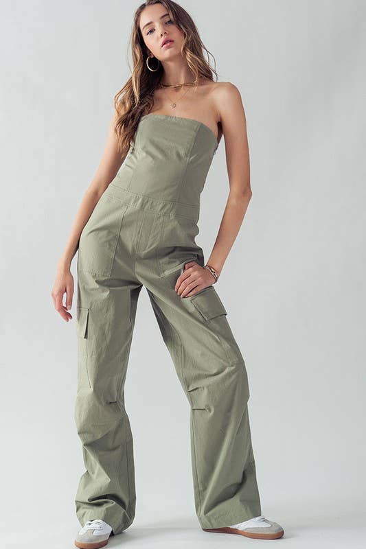 Strapless Wide Leg Cargo Pocket Artisanal Jumpsuit