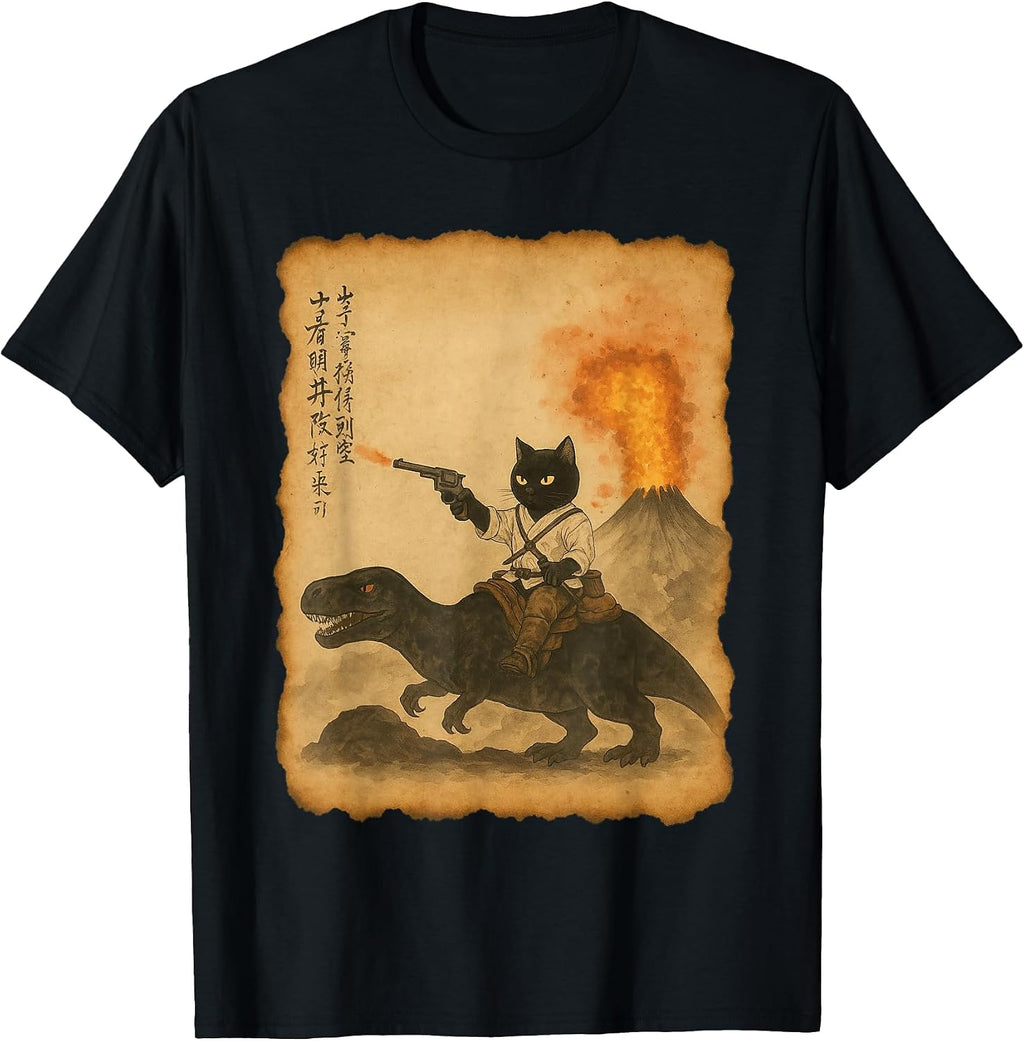 black Cat samuari riding Dinosaur Volcanic print