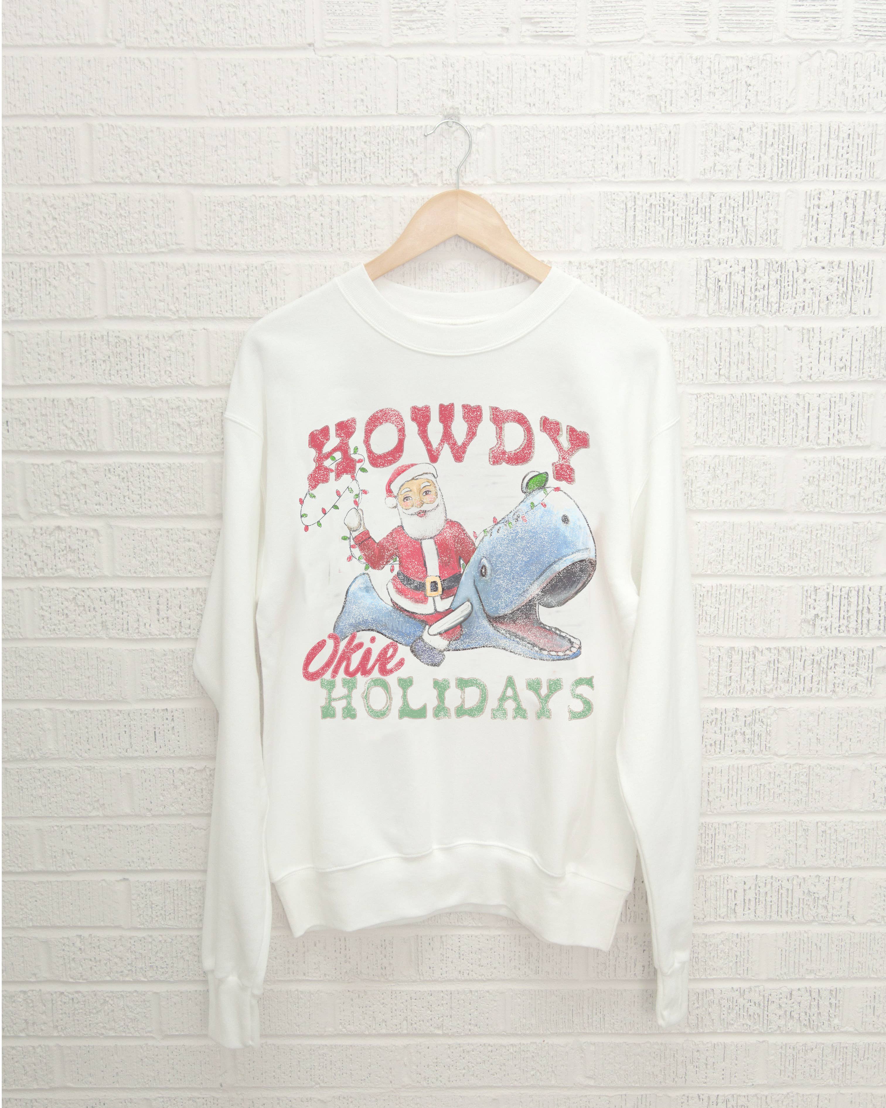 Christmas Howdy Okie Holidays White Thrifted Sweatshirt