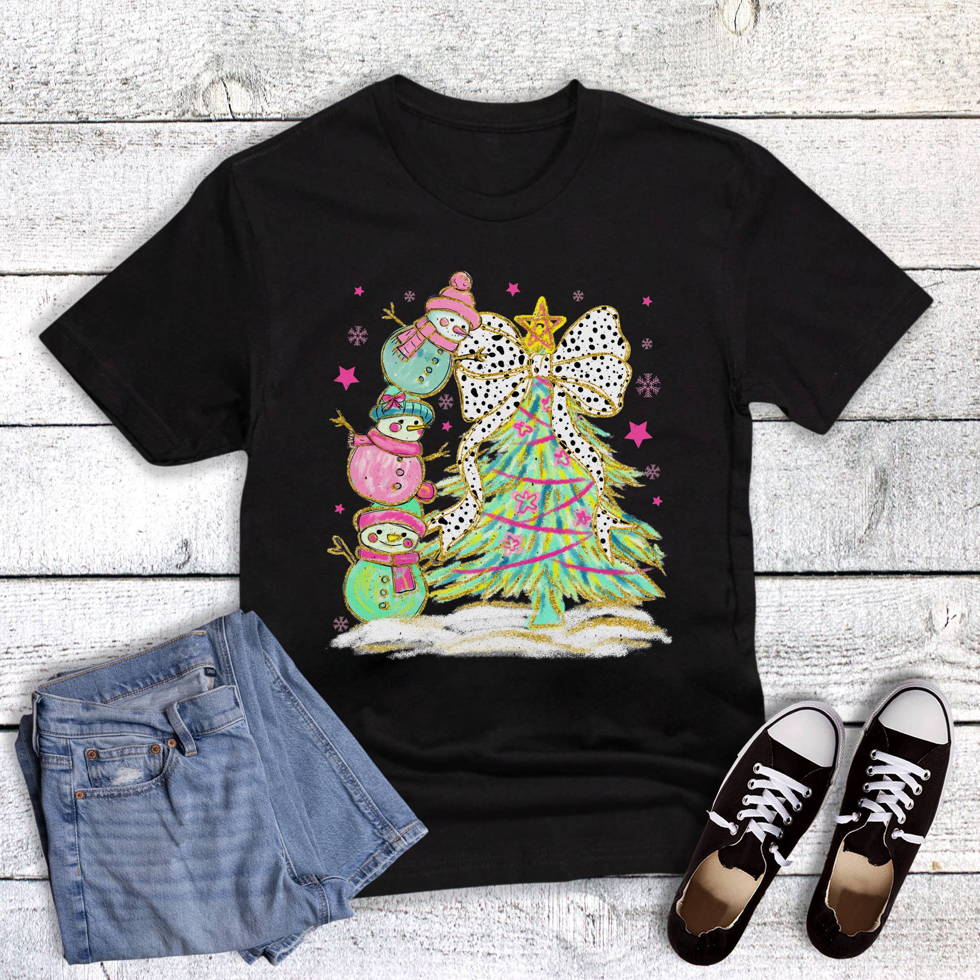 Christmas Snowman Stack and Tree Graphic Tee