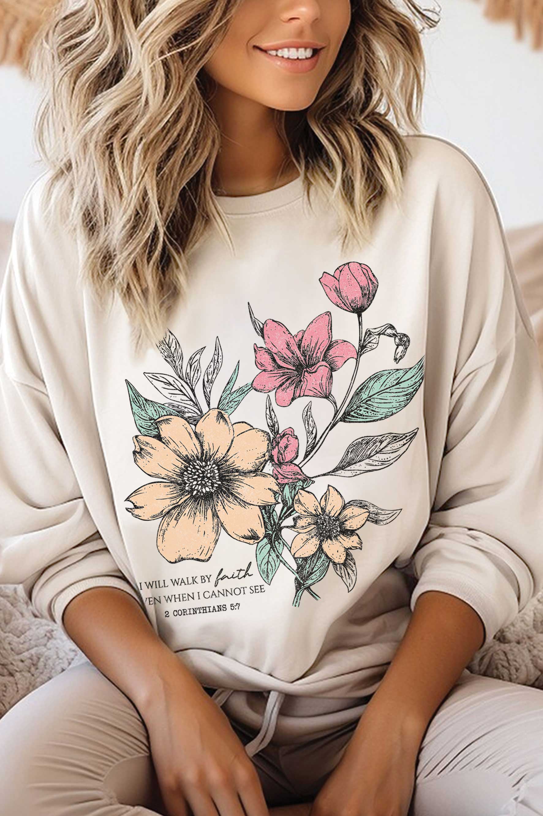 I Will Walk Faith Floral Graphic Brushed Sweatshirts