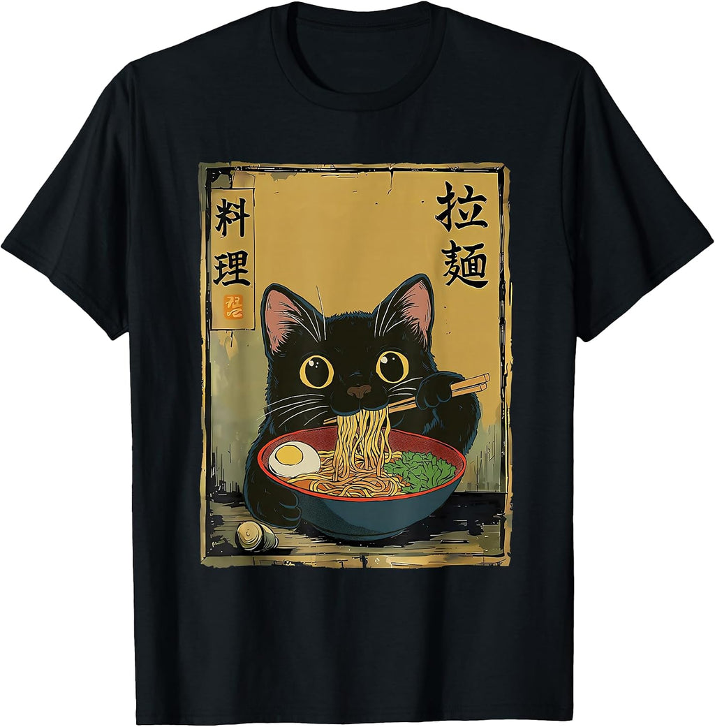 Kawaii Cat Eating Ramen Noodles Anime Gift Tee