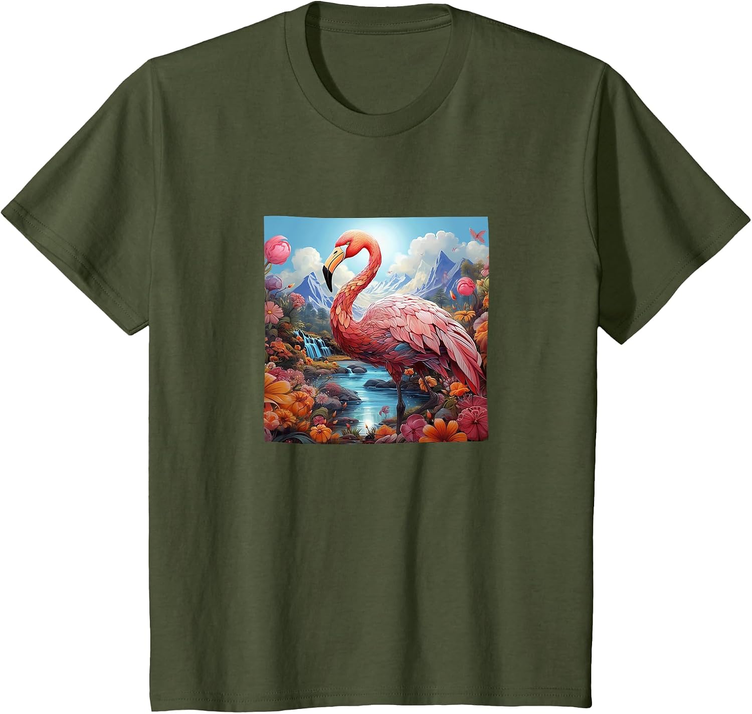 Flamingo Colorful River Mountains Flowers Merch