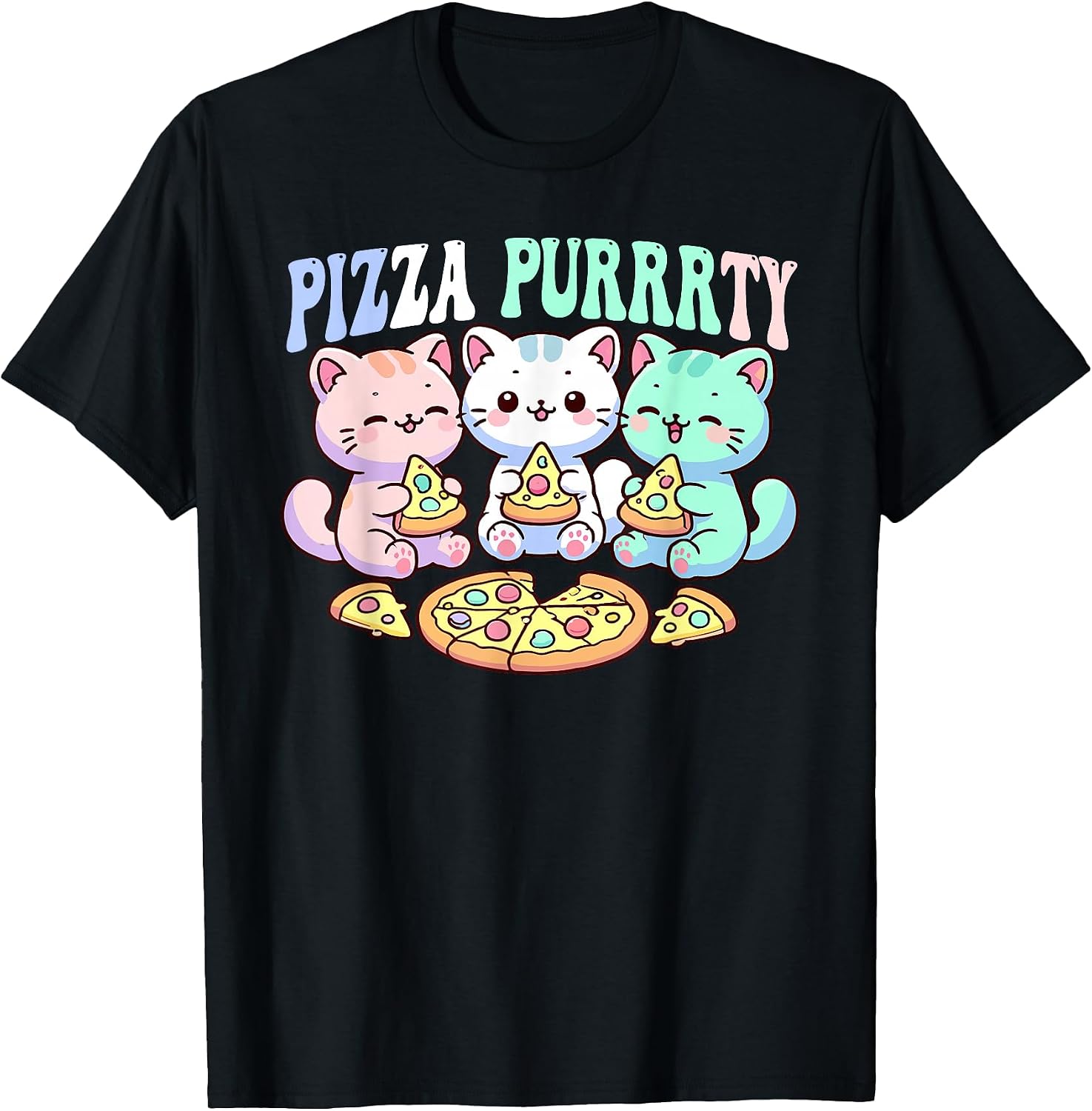 Funny pastel cat eating pizza cute kawaii party
