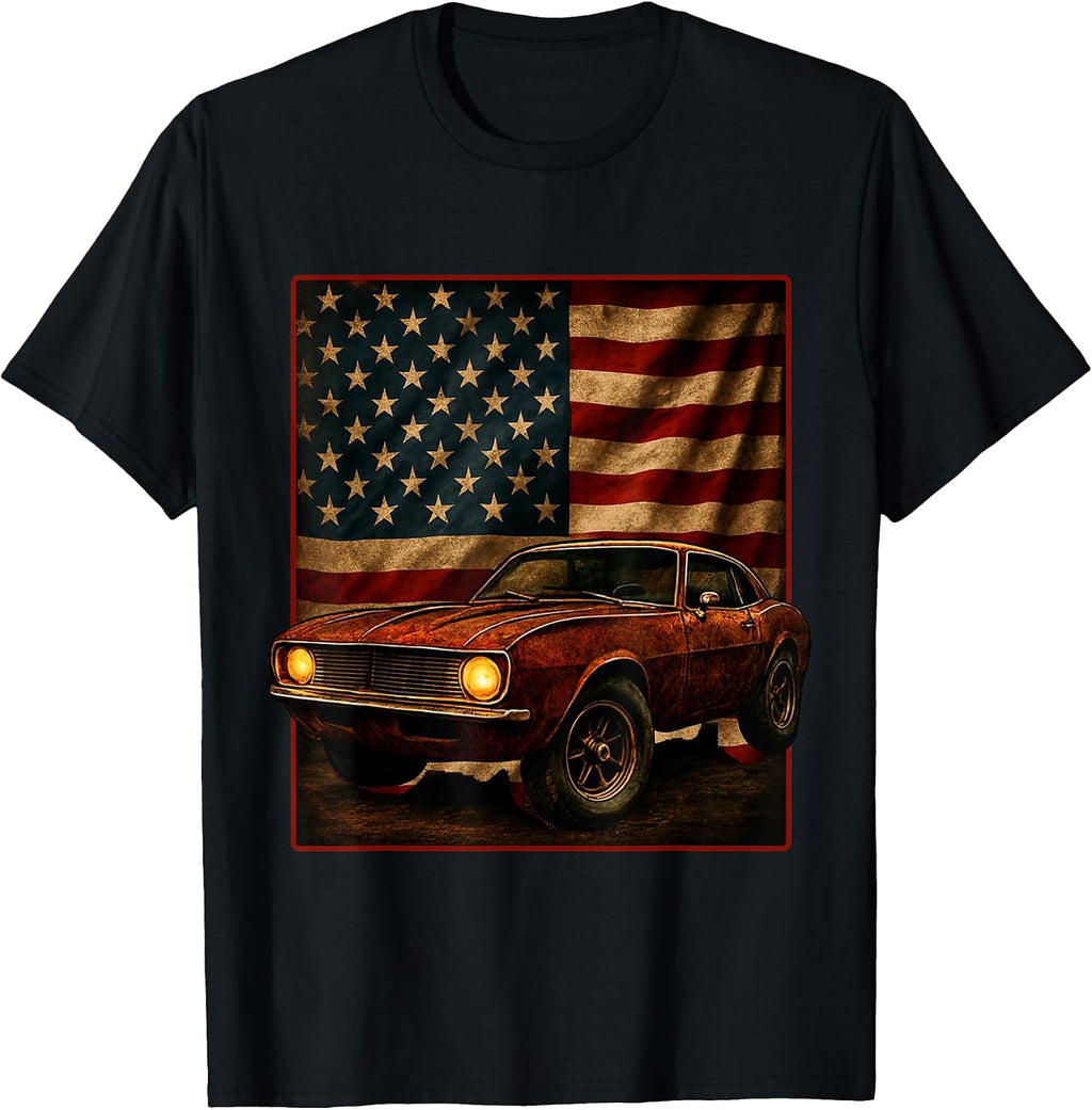 Vintage Muscle Car USA Flag Patriotism Retro Tee