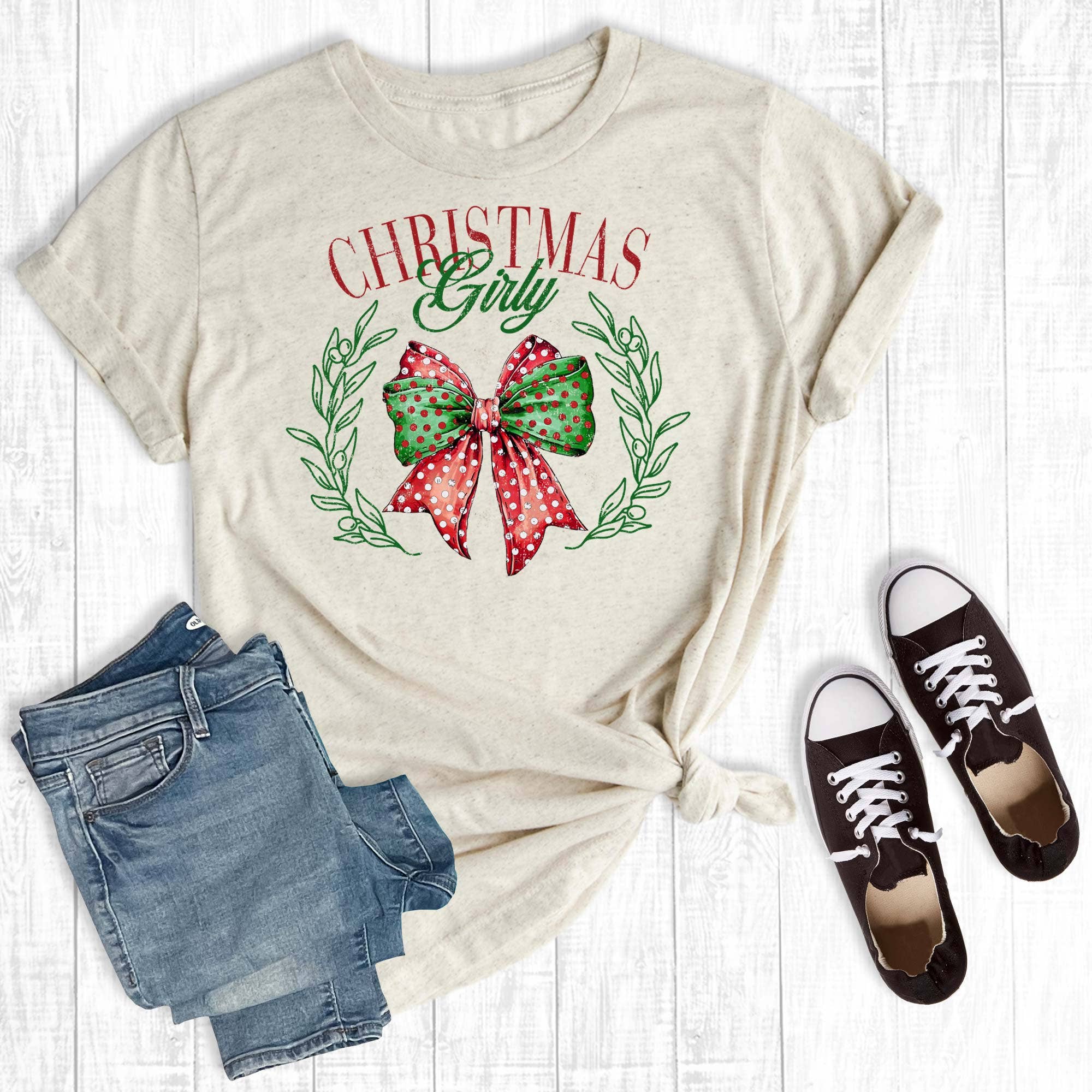 Retro Christmas Girly Coquette Bow Graphic Tee