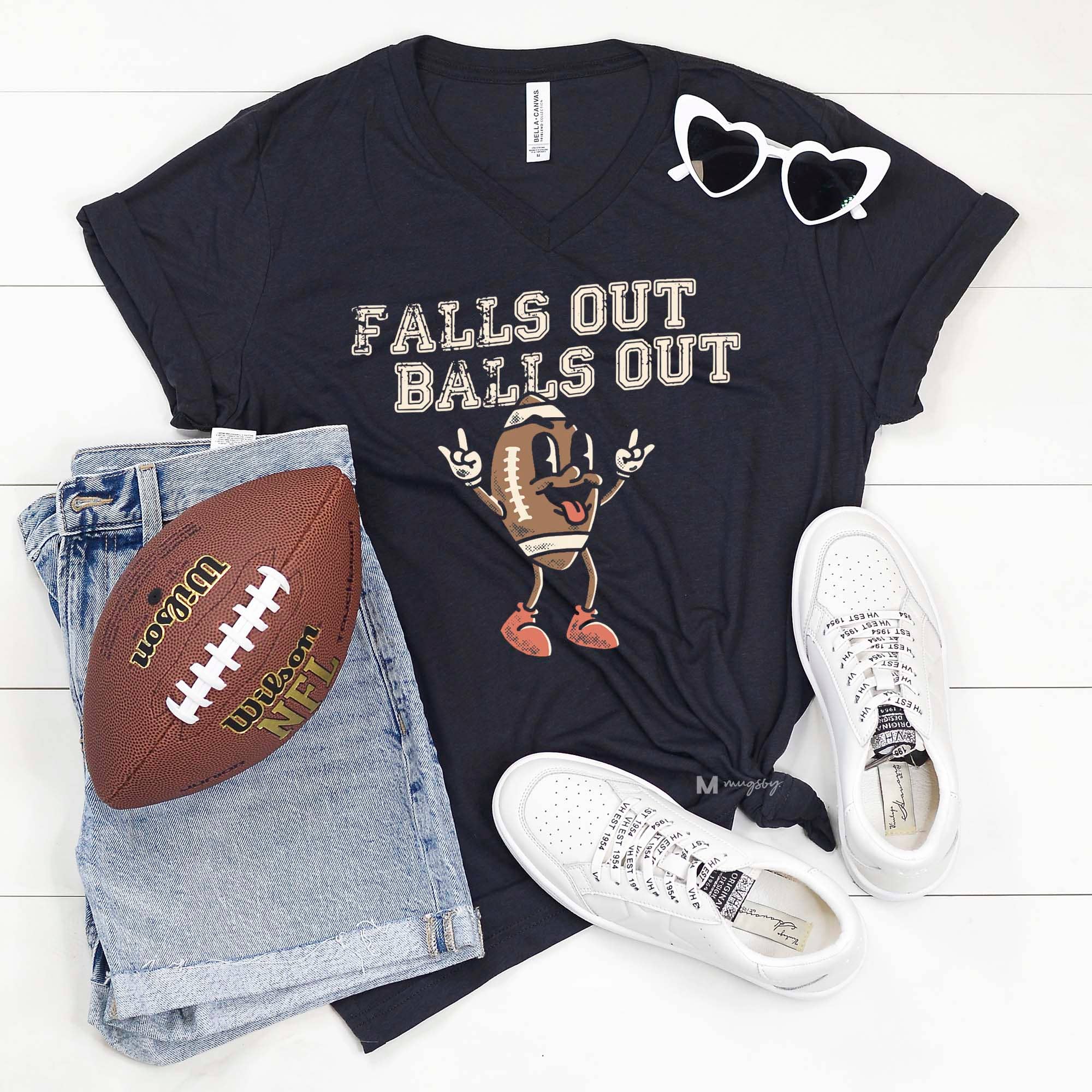 Falls Out Balls Out Football Graphic Tee, Vneck