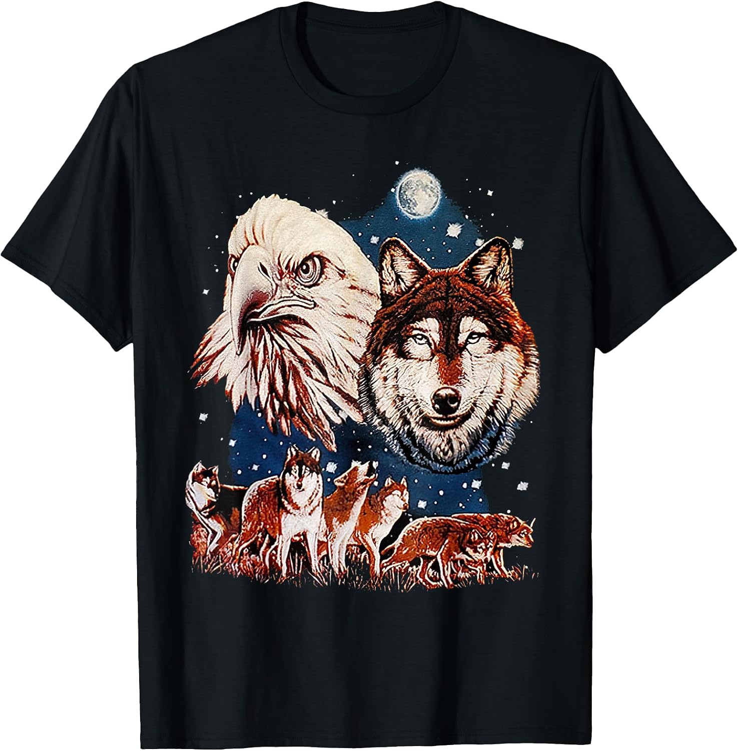 Vintage Eagle and Wolf At Moon