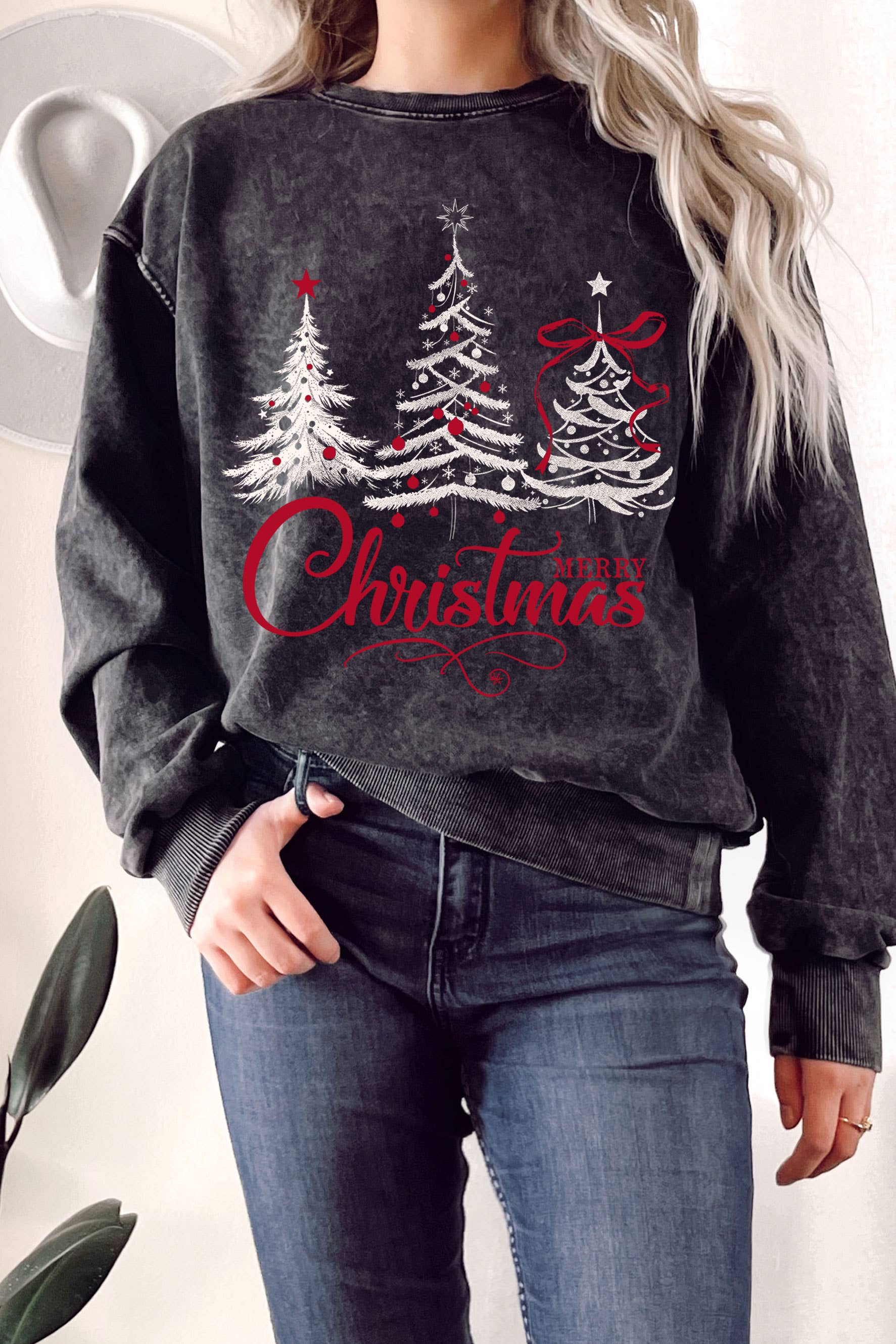 Merry Christmas Tree Mineral Graphic Terry Sweatshirts