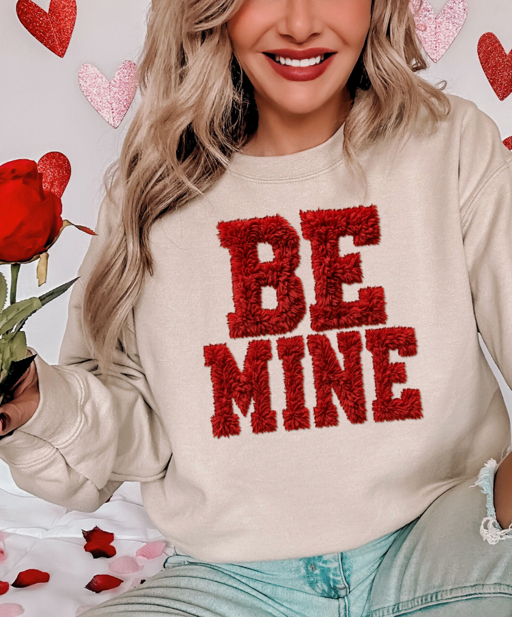 Faux Fuzzy Be Mine Valentine Cream Sweatshirt