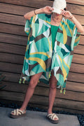 Geometric Tassel Trim Resort Open Front Kimono