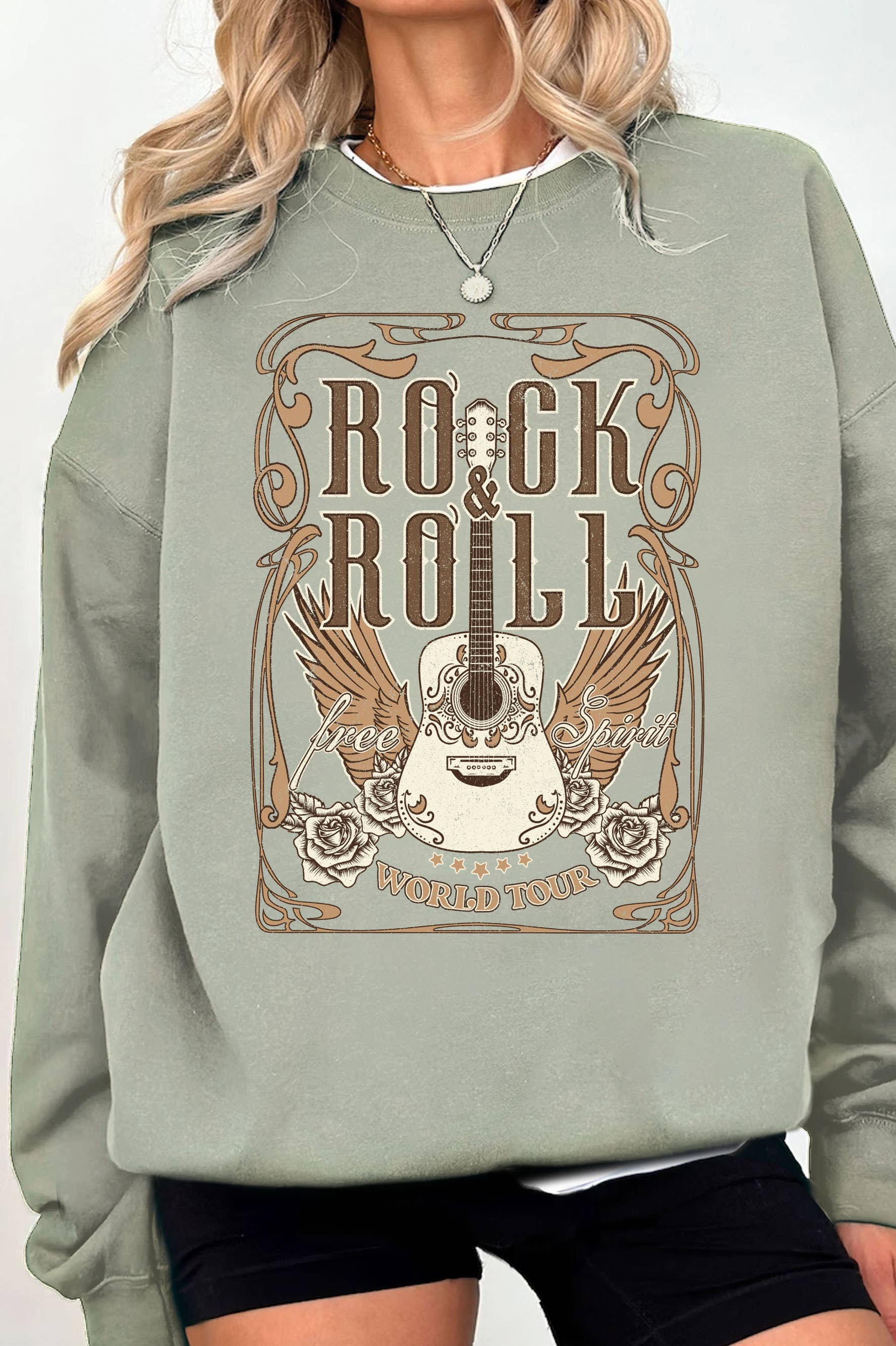 Rock and Roll Wings Guitar Graphic Brushed Sweatshirts