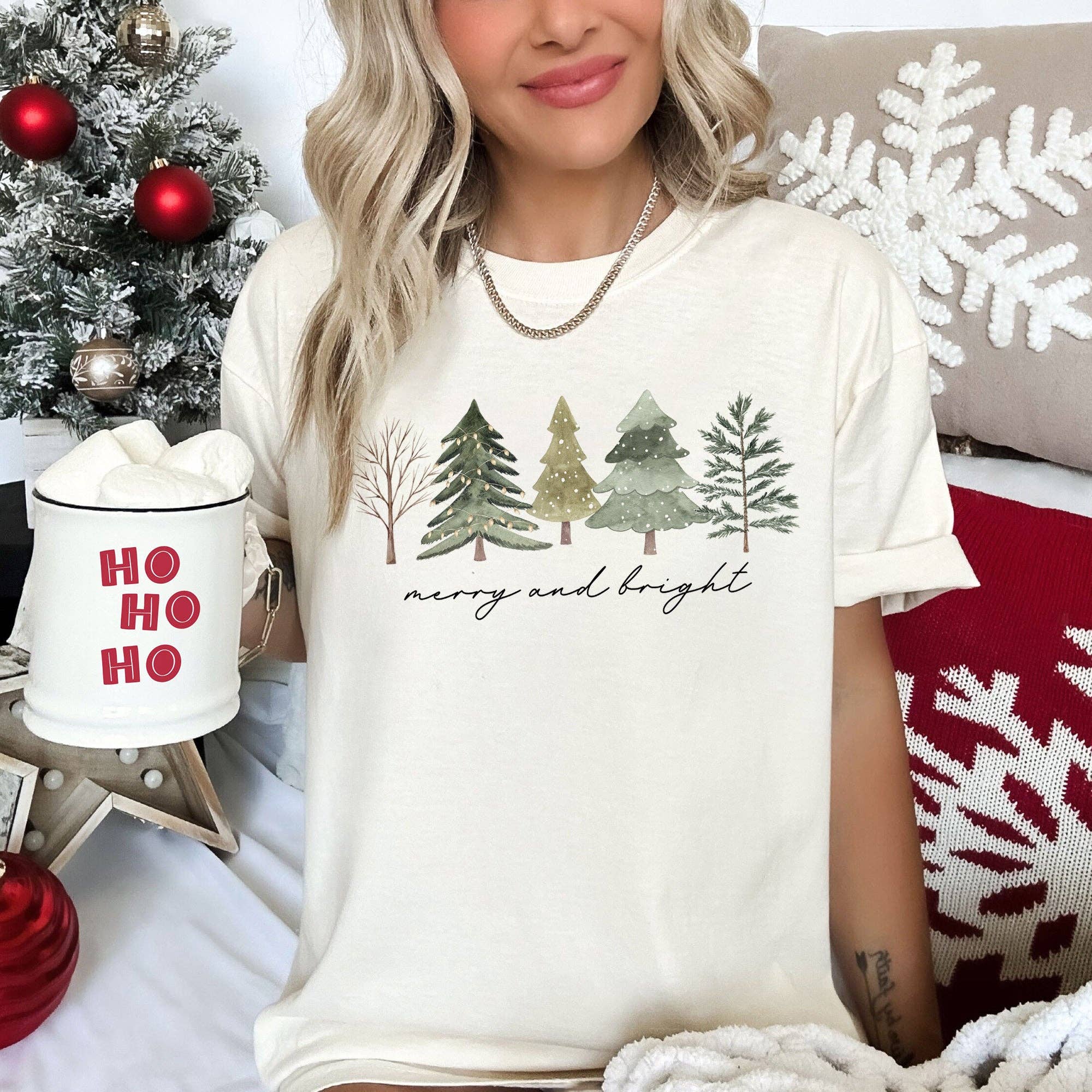 Merry and Bright, Watercolor Trees, Christmas,, Tshirt