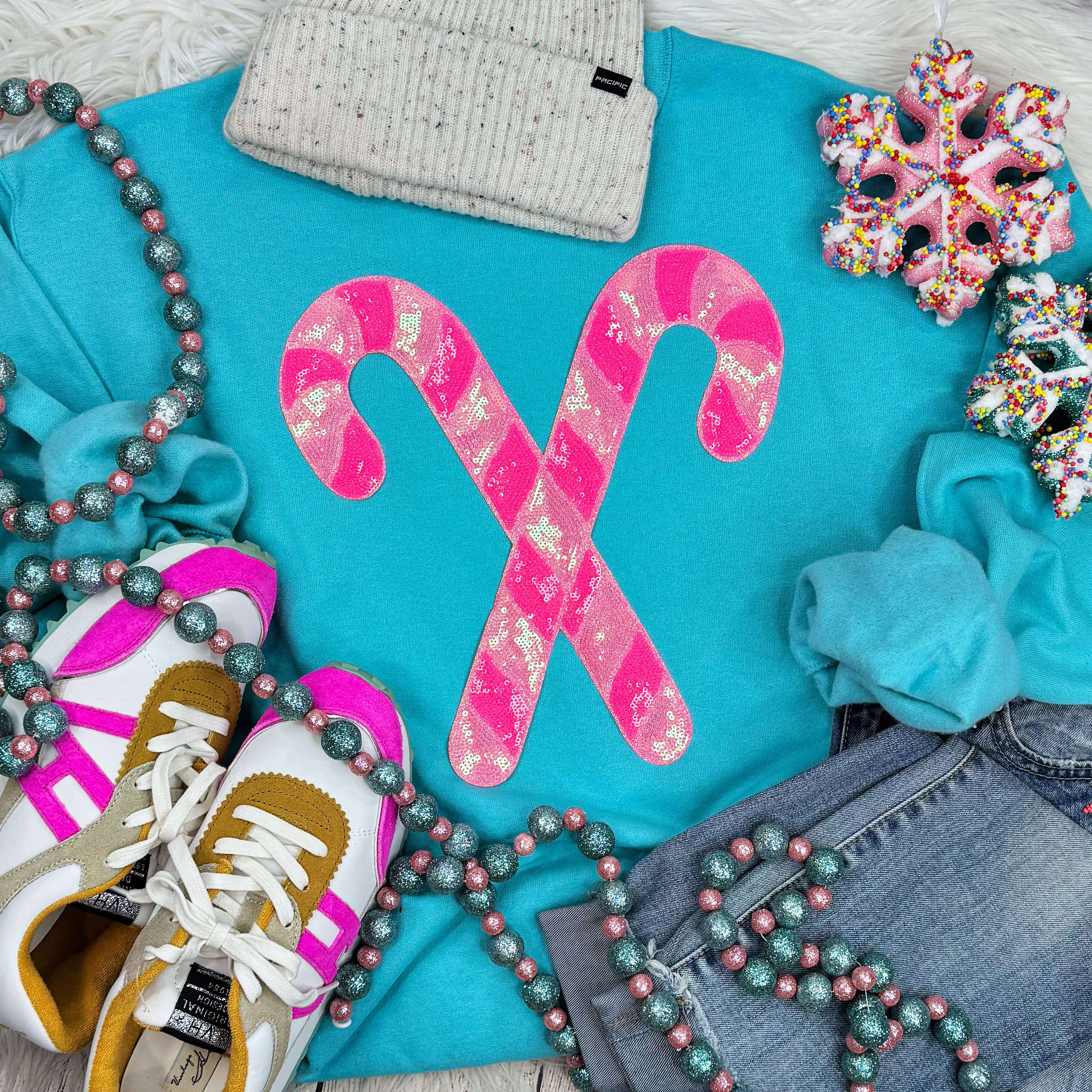 Pink Sequins Candy Cane Patch Scuba Blue Crewneck Sweatshirt