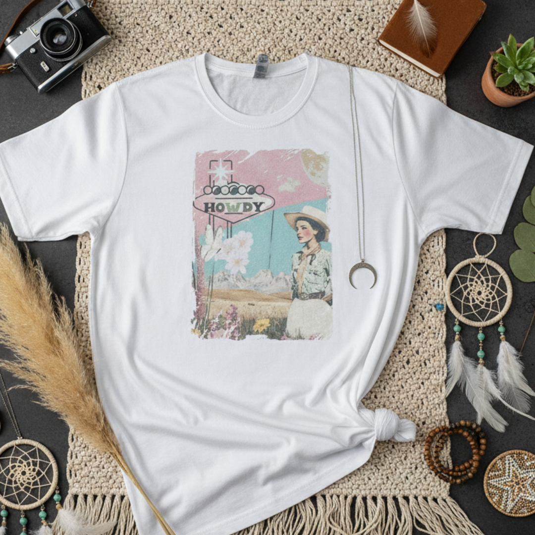 Desert Collage Style Howdy Vegas Retro Vintage Graphic Tee