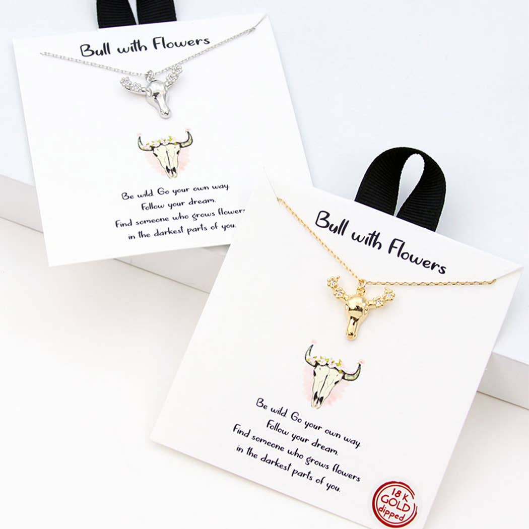 Gold-Dipped Floral Bull Head Pendant Necklace