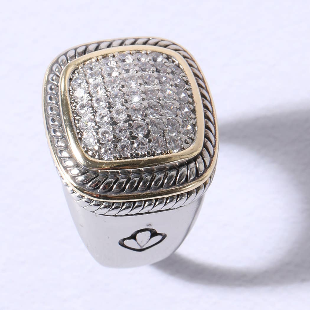 Square Silver Gold Cubic Zirconia Stones Ring