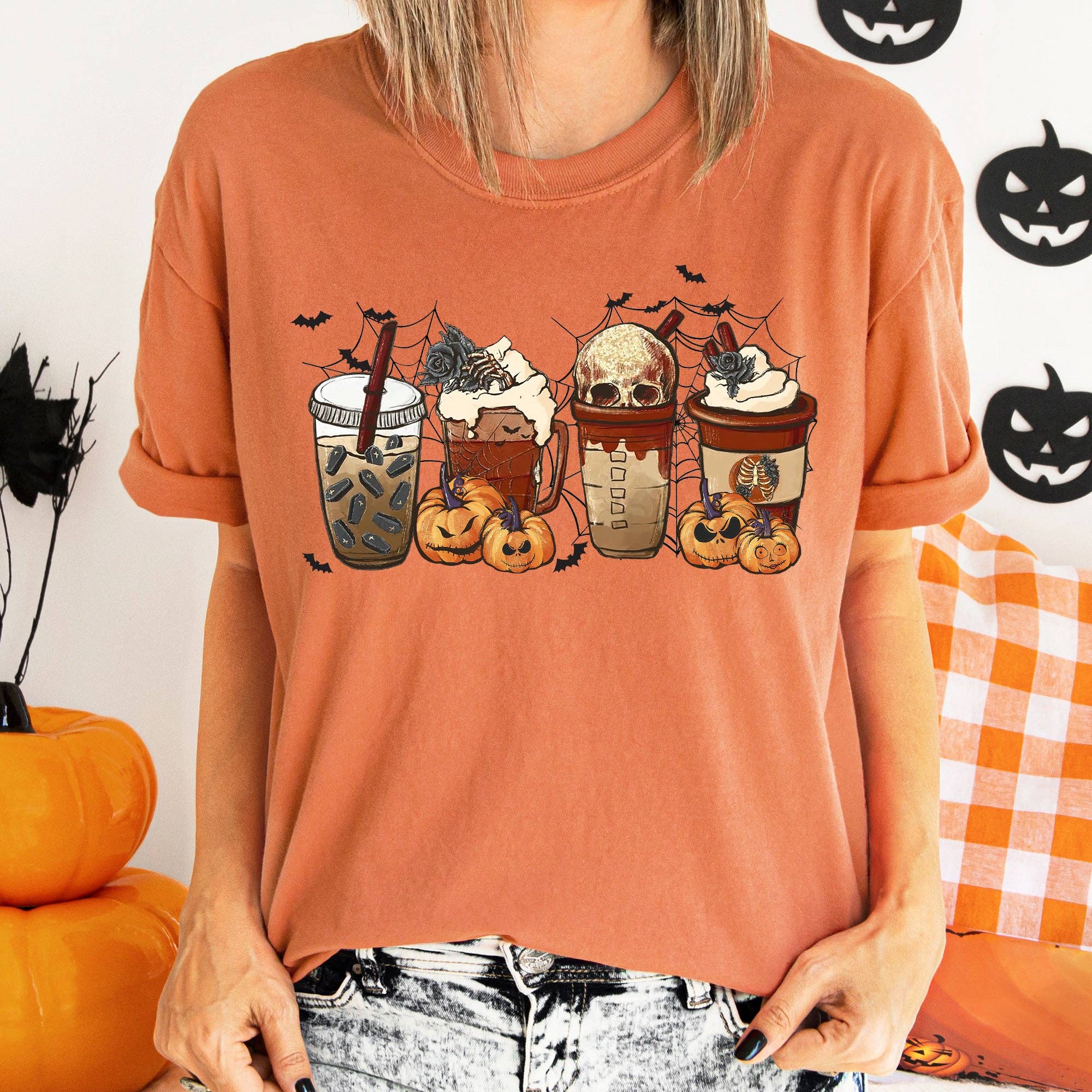 Horror Pumpkin Coffee Vintage Halloween T-Shirt