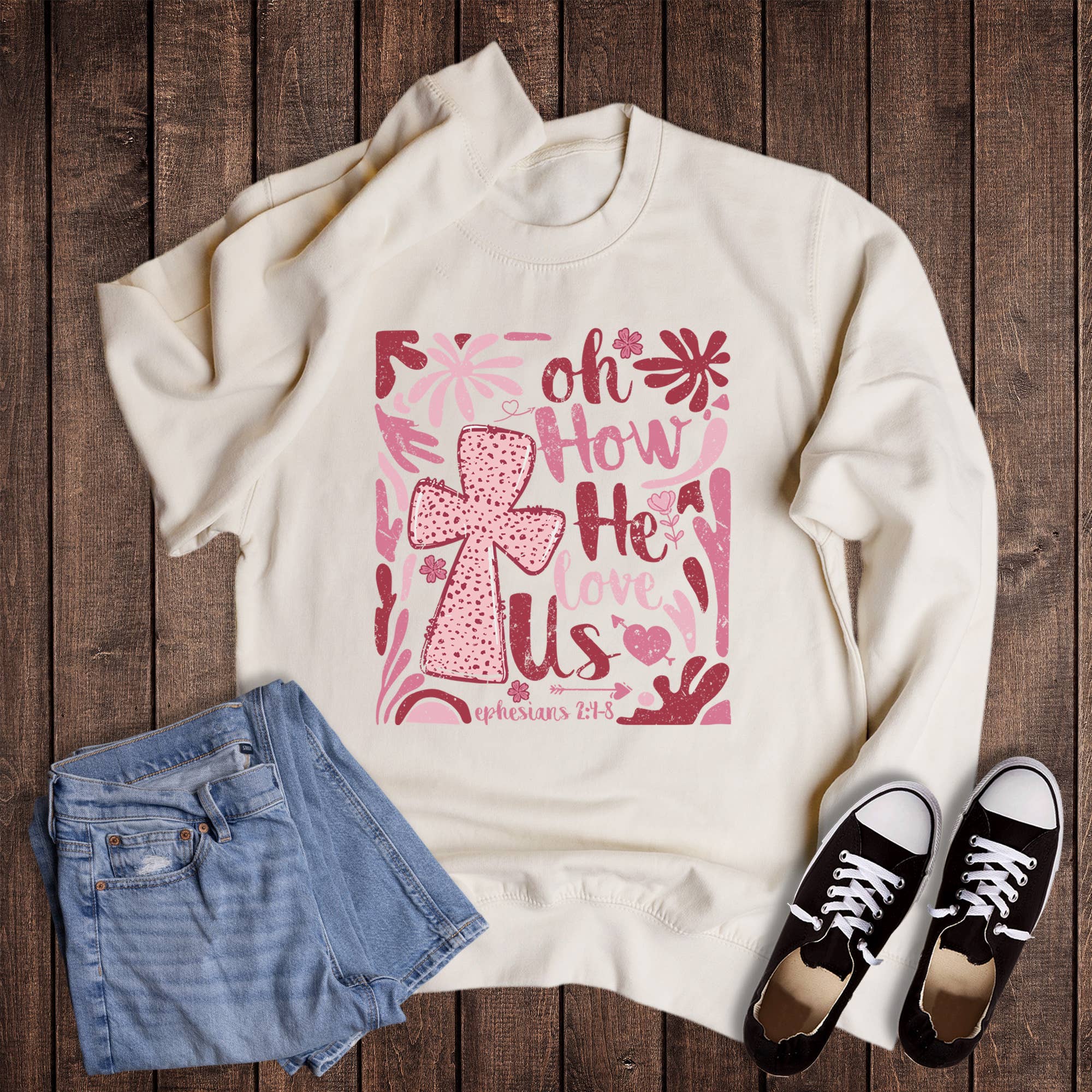 Valentine Boho How He Loves Us Collage Sweatshirt