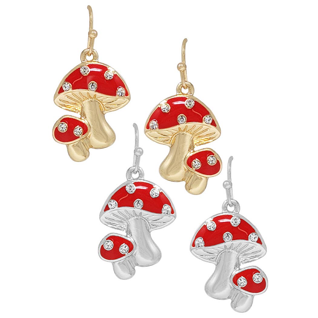 Two Mushrooms Drop Rhinestone Hook Earrings