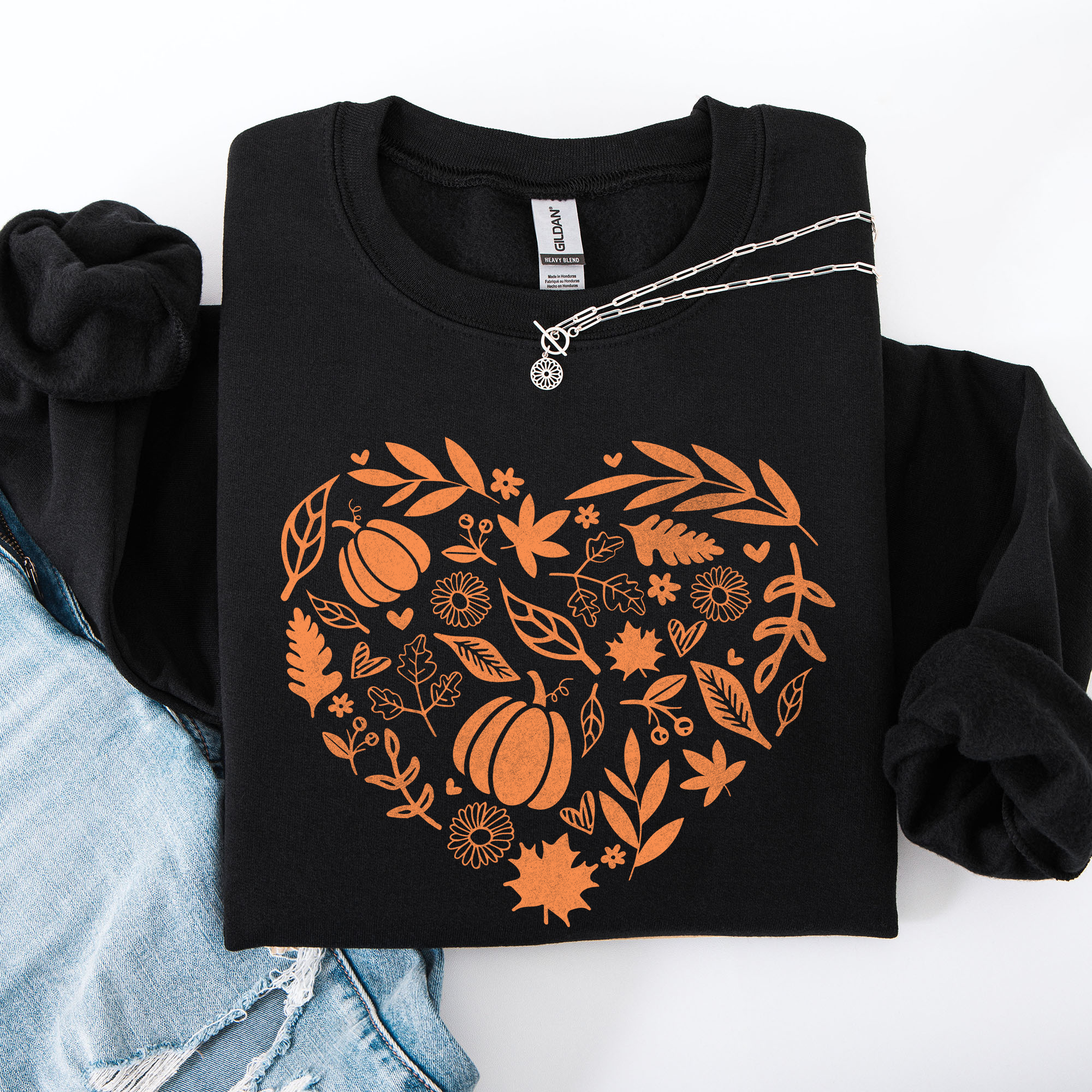 Fall Heart, Pumpkin Leaves, Autumn Sweatshirt
