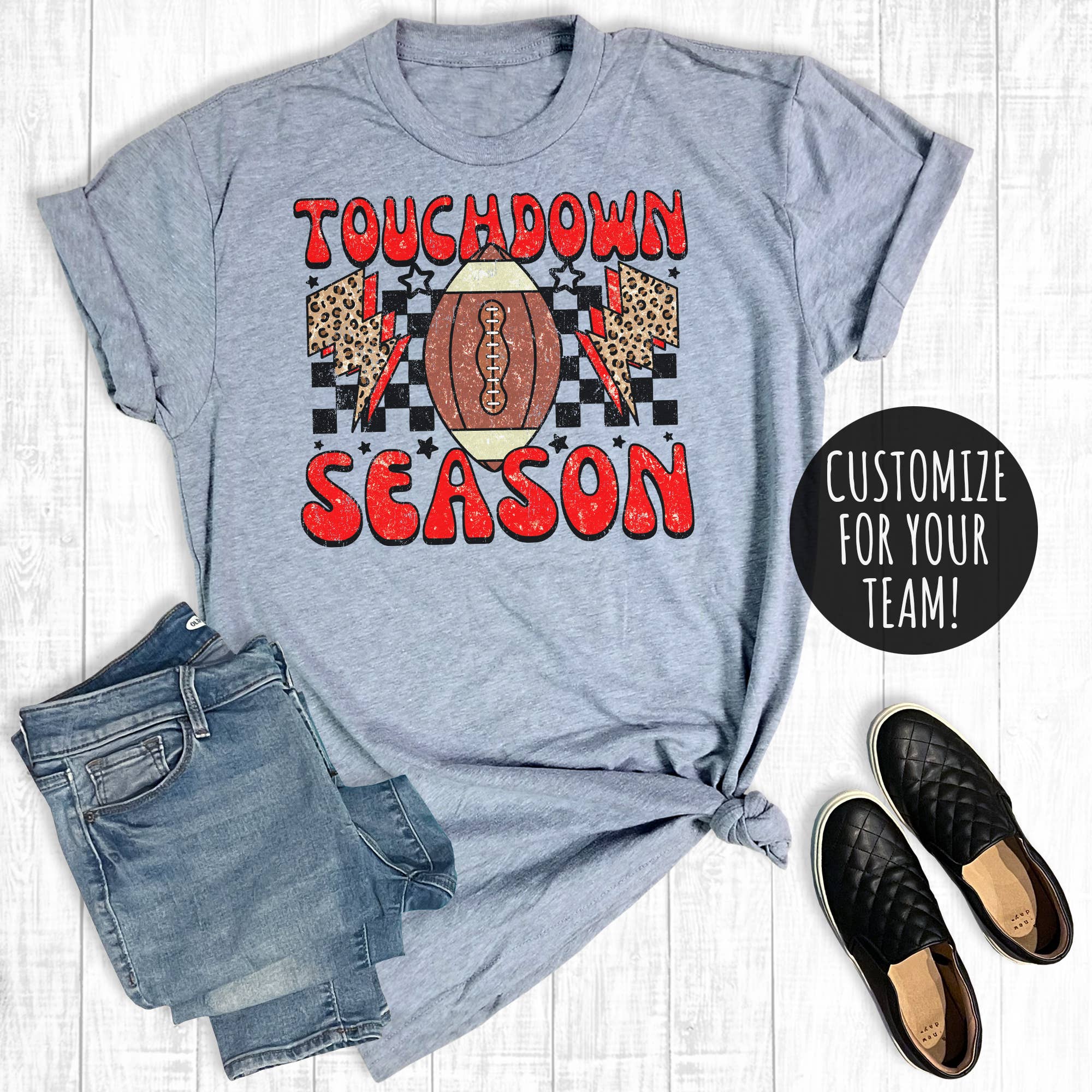 Custom Football Touchdown Season Checkered Graphic Tee