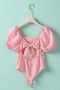 Open Back Bow Tie Puff Sleeve Textured Bodysuit