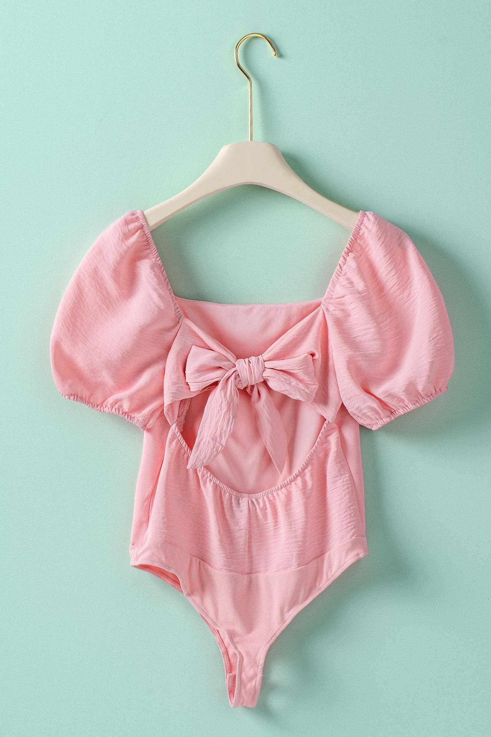 Open Back Bow Tie Puff Sleeve Textured Bodysuit