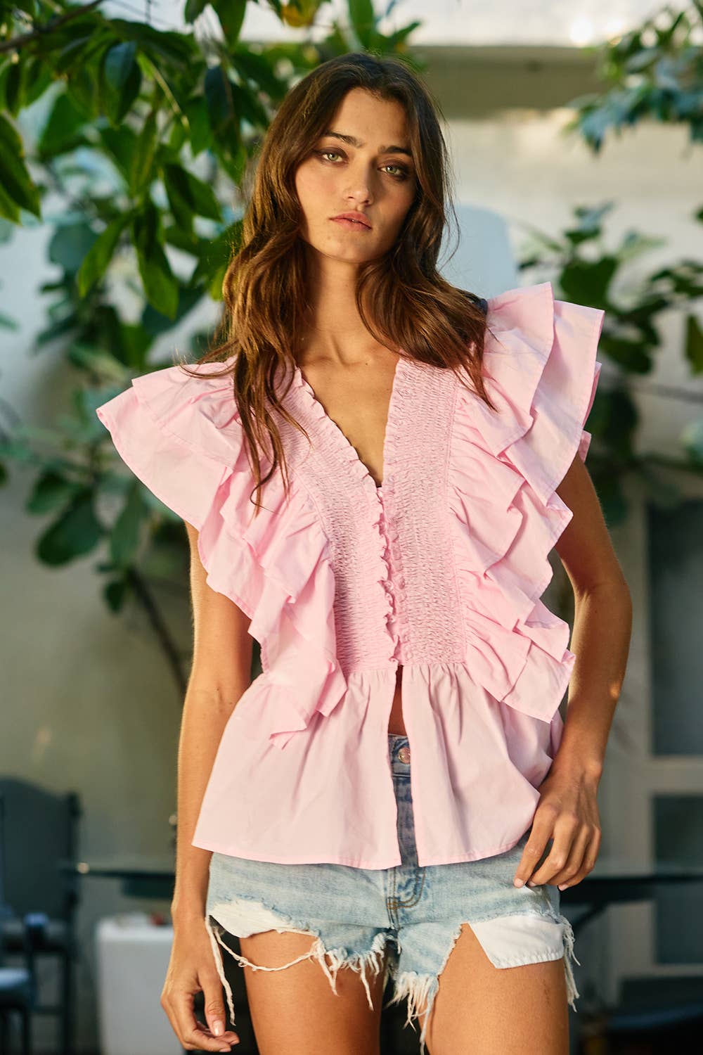 IT2882 Ruffle Smocked Peplum Blouse